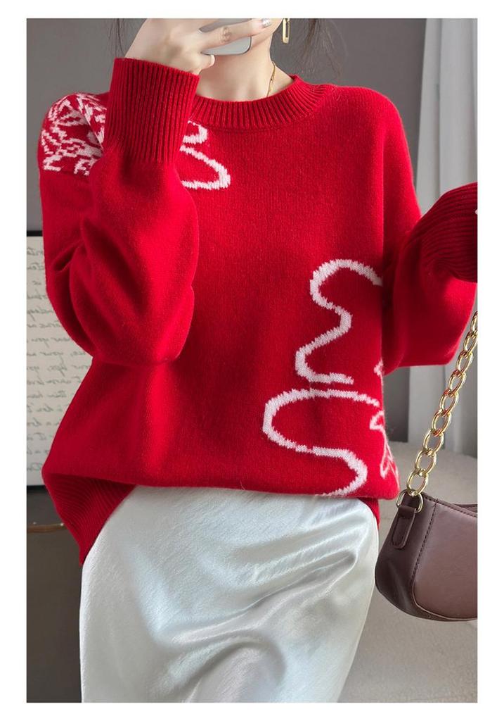 Women's Round Neck 100% Pure Wool Jacquard Knit Pullover Sweater - Warm, Slimming Autumn/Winter Top