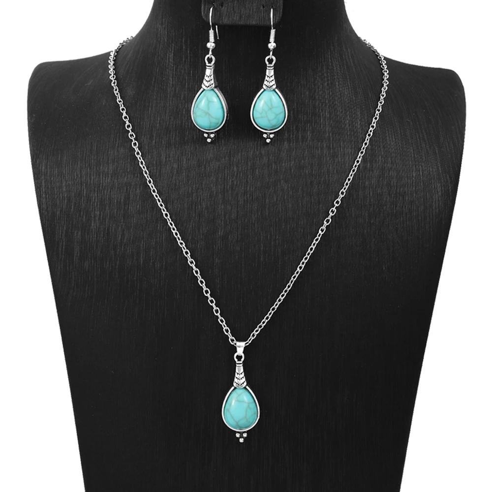 

Vintage Bohemian Imitation Turquoise Earrings Necklaces Set for Women Classic Flower Round Water Drop Silver Color Jewelry