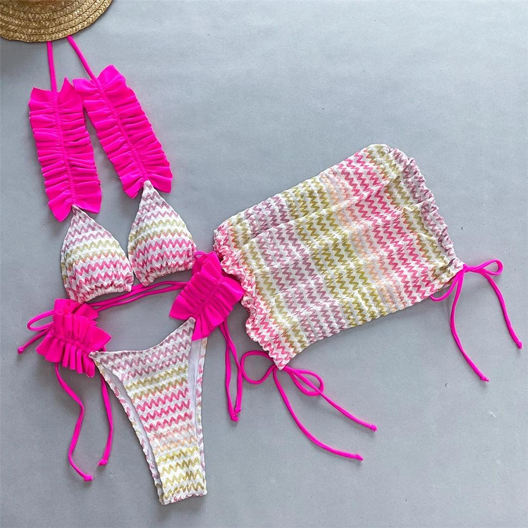 

With Skirt Waved Ruffled Frilled Bikini Female Swimsuit Women Swimwear Three-pieces Bikini set Bather Bathing Suit Swim S розовый
