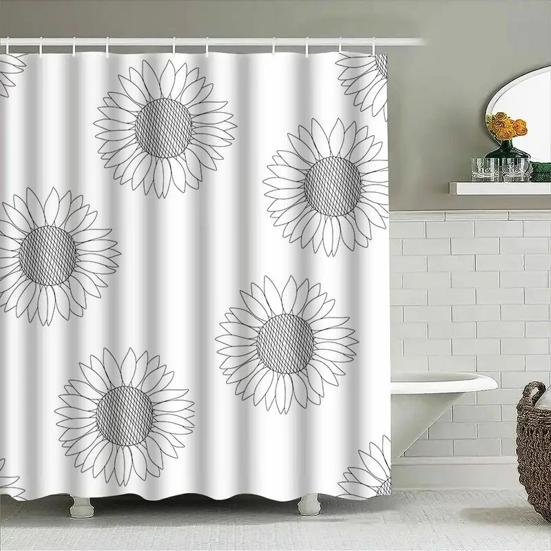 Sunflower Print Shower Curtain Waterproof Bath Decor Decoration For Home Bathroom White Black Sunflower Flower Design Wall Hangi