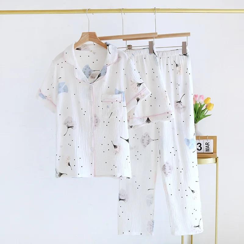2026 Summer New Women's Pajamas Three Piece Set 100% Pure Cotton Crepe Short Sleeves+Shorts+Long Pants Thin Home Fury Ladies