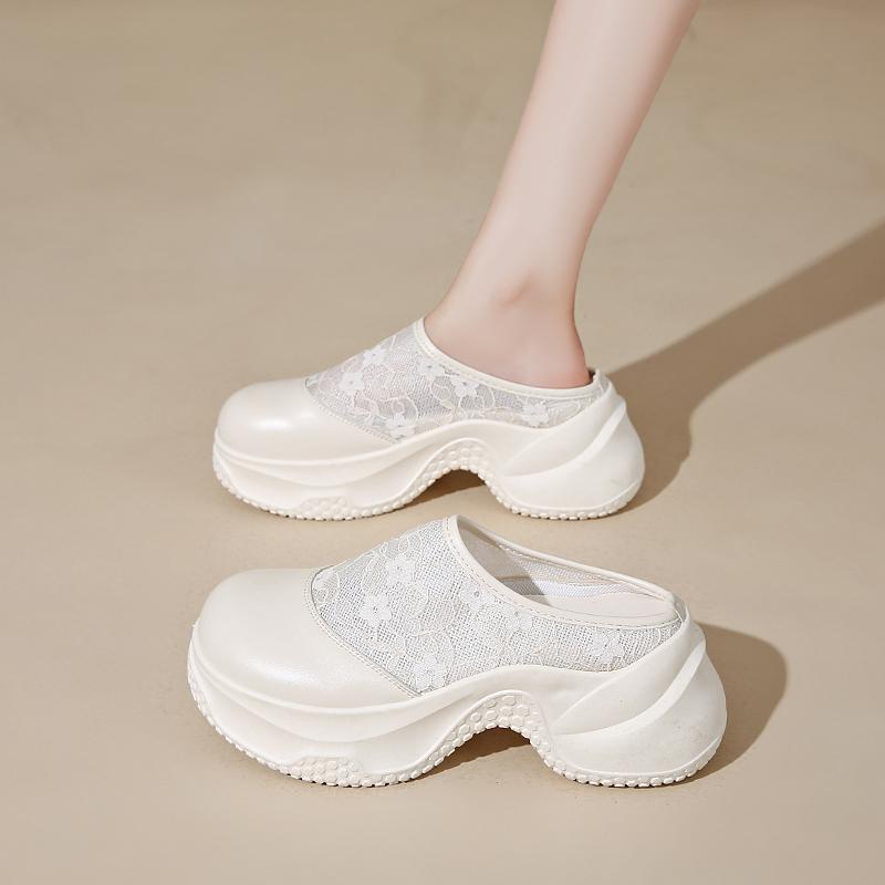 CRLAYDK Mules for Women House Wedge Slip On Slippers Lace Backless Walking Loafers Mesh Height Increase Casual Ladies Slides