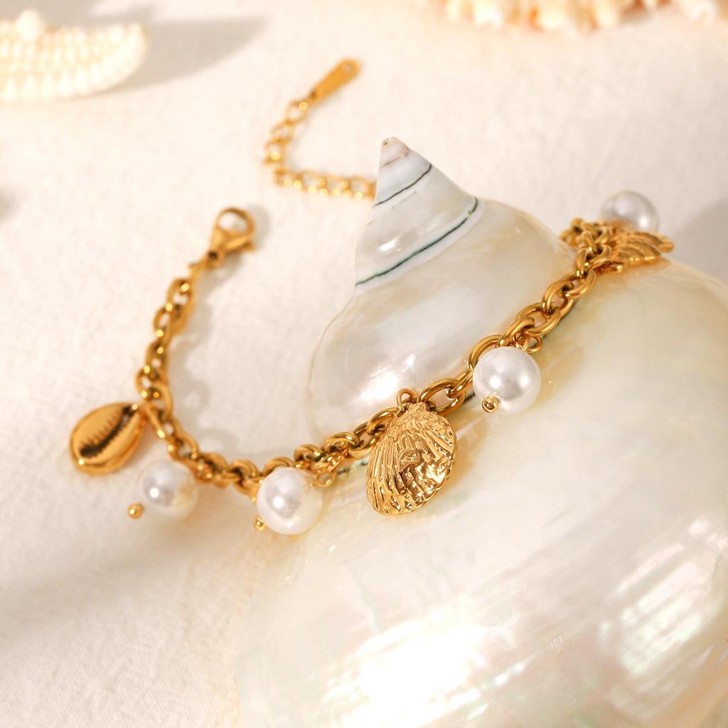 18k Gold Starfish Seashell Pearl Bracelet - Women's Versatile Seaside Vacation Accessory