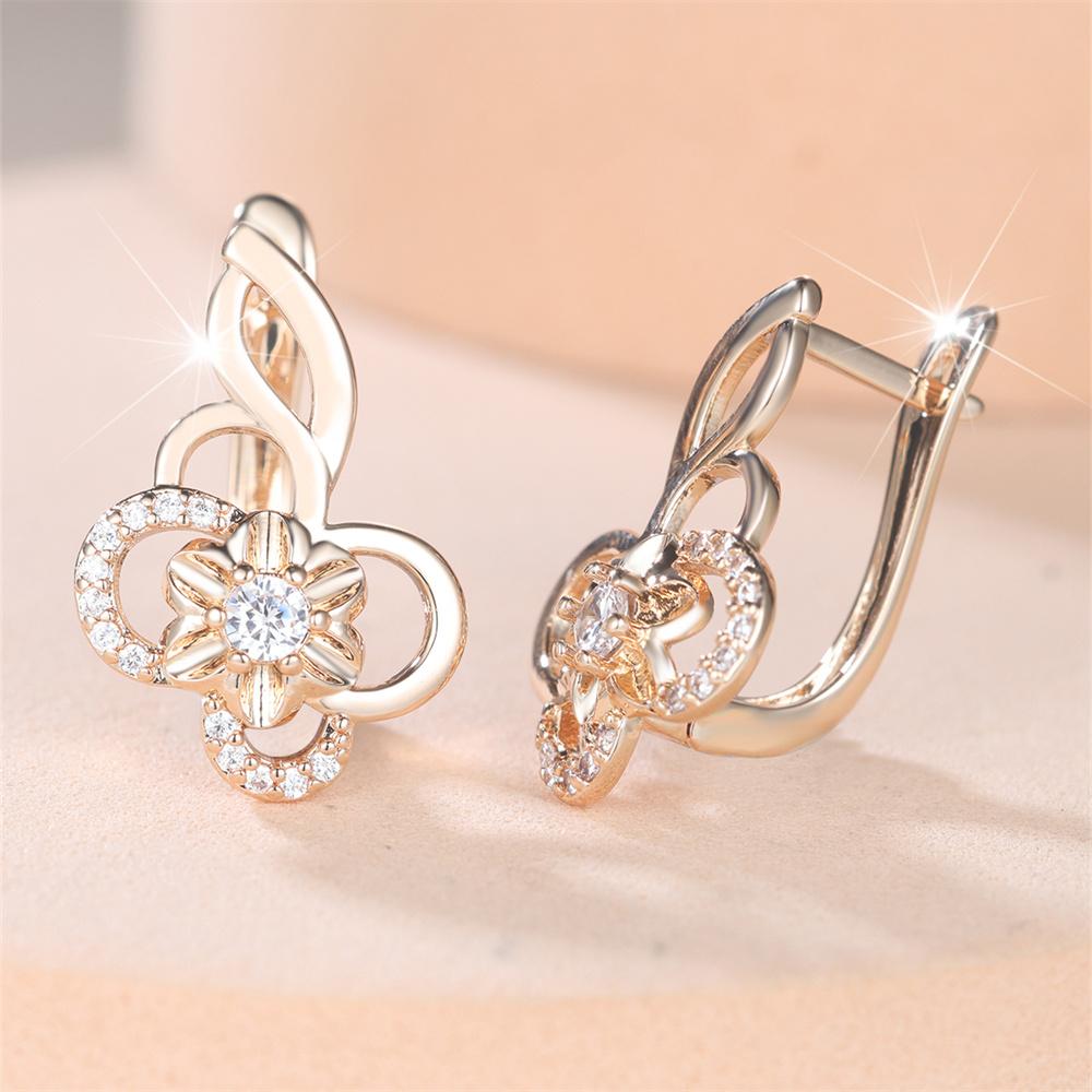 Round Stone White Zircon Hollow Flower Hoop Earrings For Women Vintage Gold Color Ear Buckle Wedding Jewelry Versatile Gifts