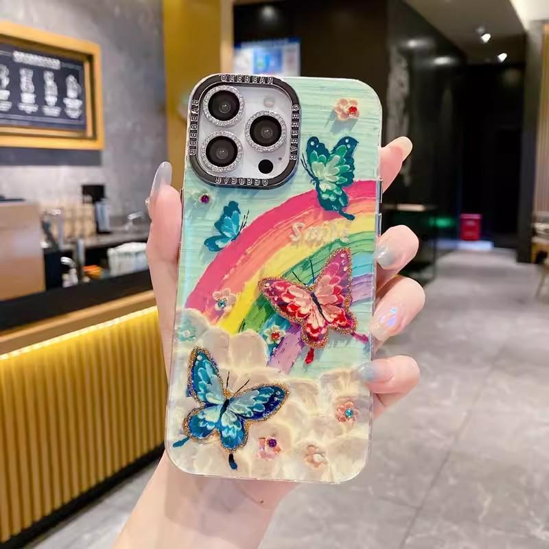 Rainbow Oil Painting Butterfly Suitable for Apple 16 Mobile Phone Case IPhone 15 ProMax Blue Flash Lens 14 Protection Case