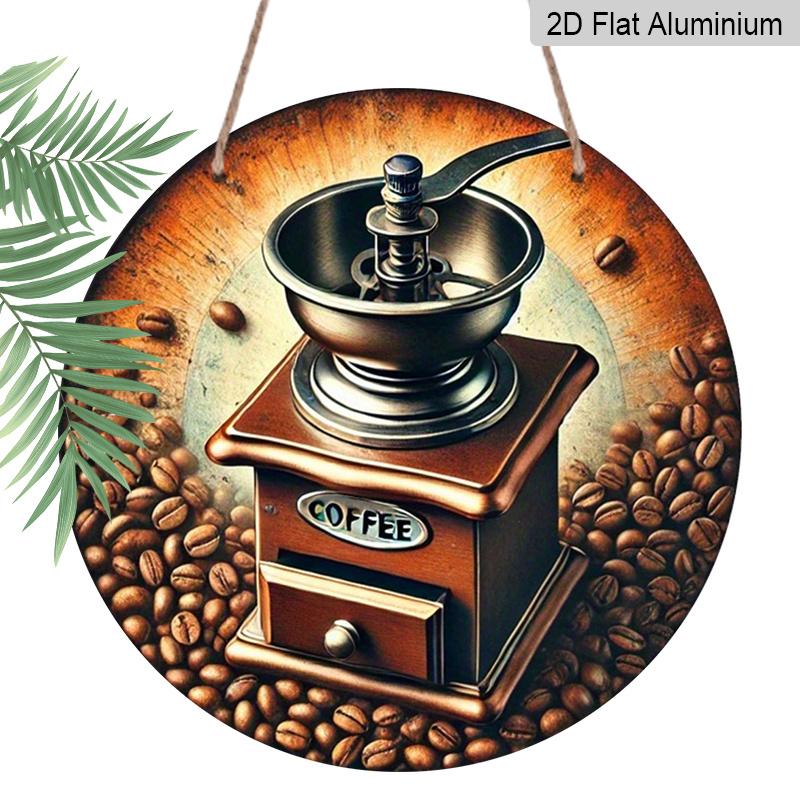 2D Flat 1pc, 8x8 In, Vintage Coffee Grinder and Bean Metal Aluminum Wall Art, Waterproof and Dustproof, Multipurpose Round Wall Hanging for Home