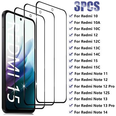 3 gab. Rūdīta stikla aizsargs priekš XiaoMi Redmi 10 10A 10C 12C 13C 14C 15C, pilna pārklājuma ekrāna aizsargs priekš RedMi Note 14 10 10S 11 11S 12 12S 13 Pro 4G 5G