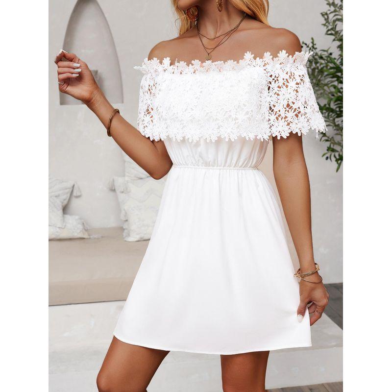 

Summer European and American Women clothes Lace Patchwork off-Shoulder Waist Hugging Dress White S