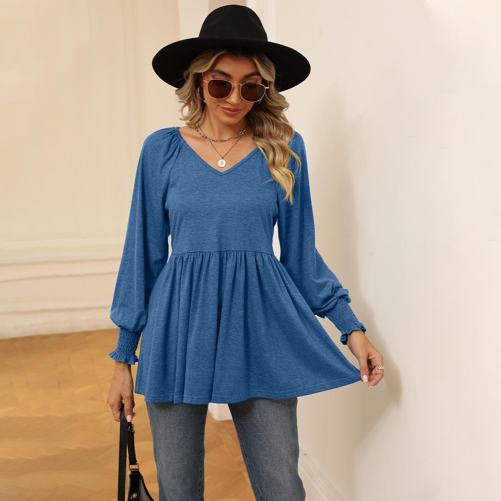 Women's Clothing Spring Autumn Tops V-neck T-shirt for Women Bubble Long Sleeve Elastic Waist Top