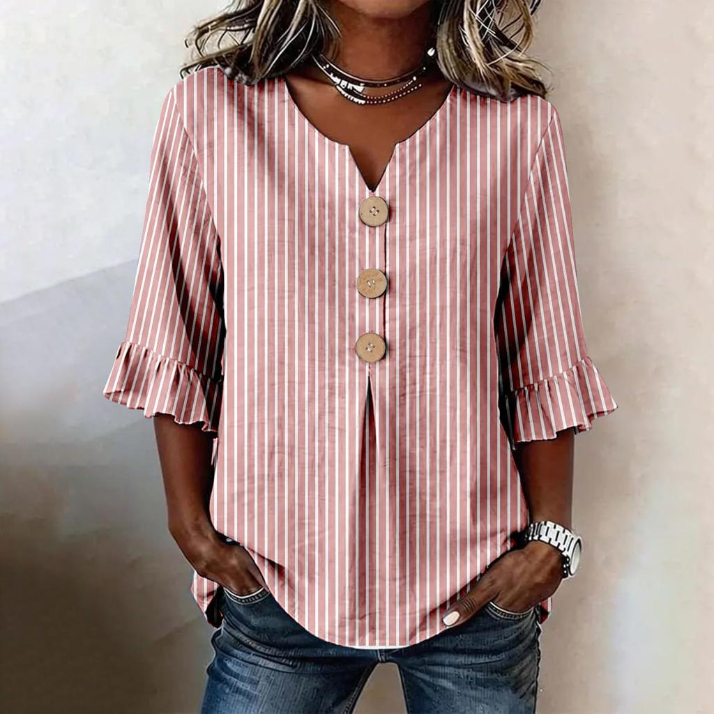 Womens V Neck Striped Print Button Loose Fit Ruffle Sleeve Blouse Casual Relaxed Fit Top for Everyday Wear