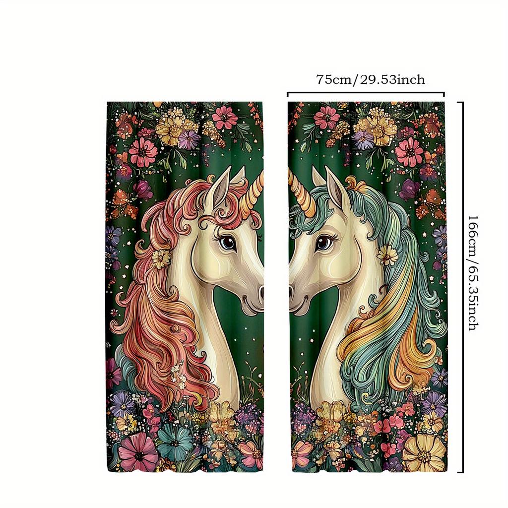 2pcs Unicorn Princess Curtains - Enchanted Floral and Fantasy Art Design   Semi-Transparent Polyester Drapes for Bedroom and Livi