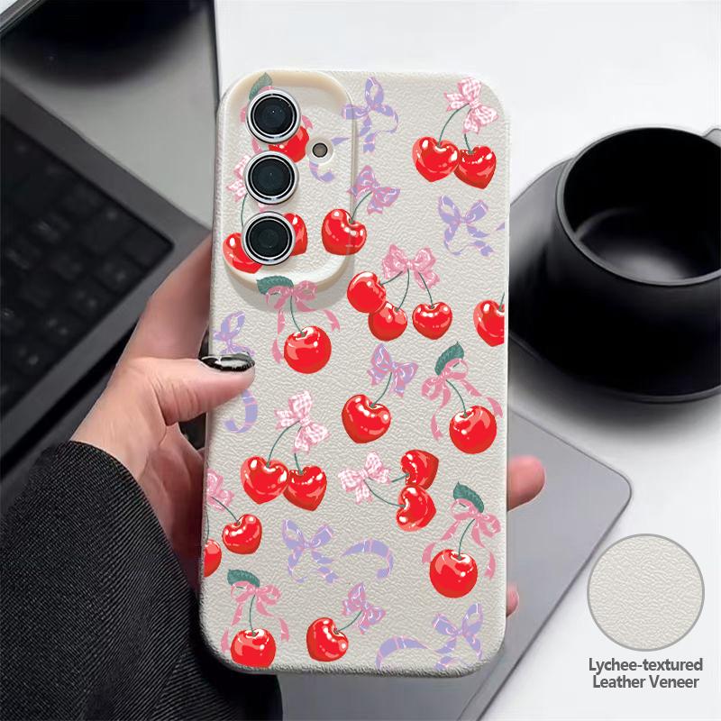Cartoon Cherry Fruits Case For Samsung S26 Ultra S25 A18 S24 S23 S22 S21 FE A15 A16 A17 A35 A36 A37 A54 A55 A56 A57 Leather Texture Silicone Cover