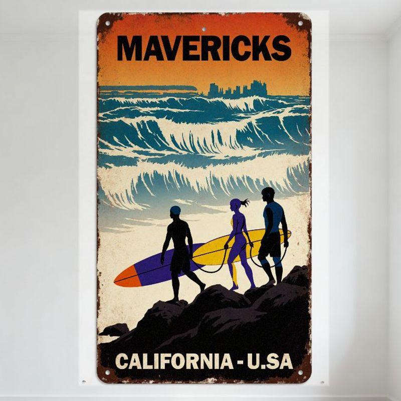 Vintage Mavericks California USA Surf Metal Tin Sign, Retro Distressed Surfing Ocean Wave Rocky Terrain Figures Plaque for Home