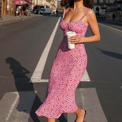 Floral Suspender Split Mini Dress  Slim Sleeveless Patry Beach Style Spaghetti Strap Dress Women Clothes