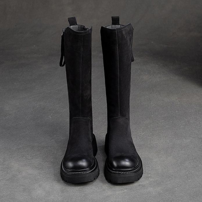 Johnature Retro High Boots Genuine Leather Fashion Side Zipper Knight Boots Thick Soled Women's Shoes