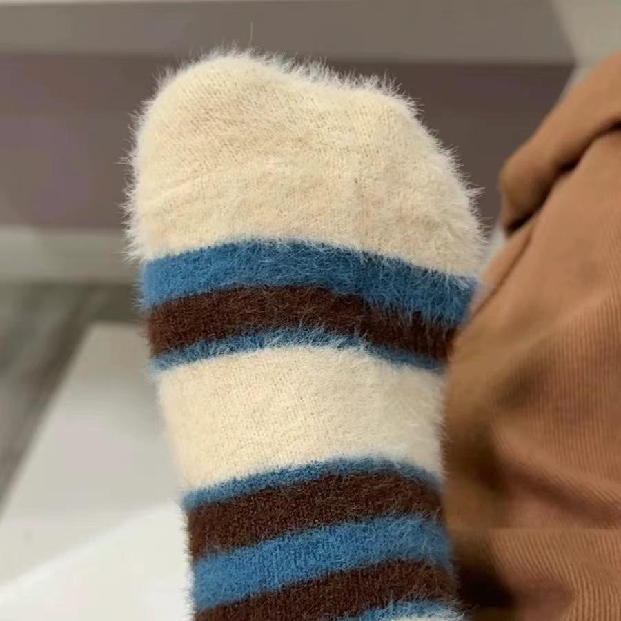 Mink Velvet Socks Warm Korean Retro Color Matching Striped Socks Girl Medium Tube Socks Thickened Velvet Confinement Socks