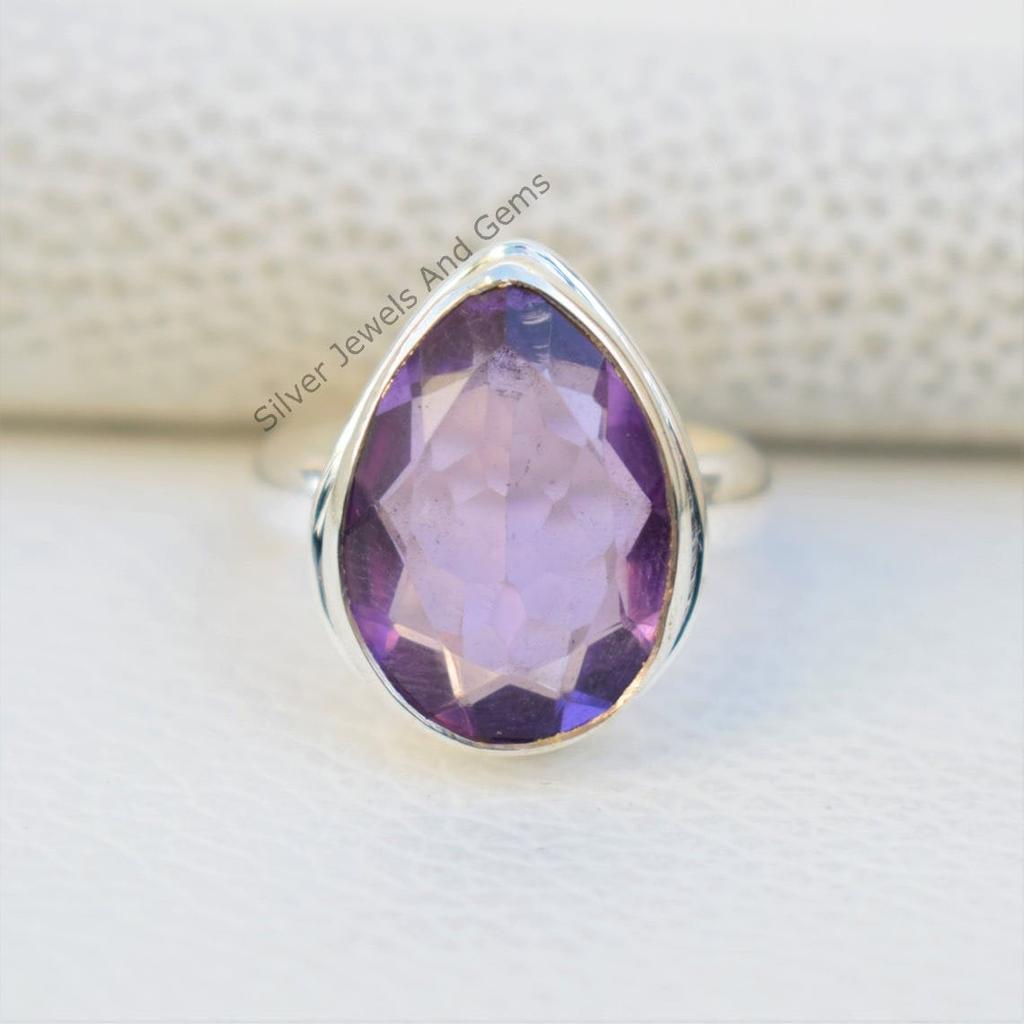 Teardrop Amethyst Ring: Natural 925 Sterling Silver, February Birthstone