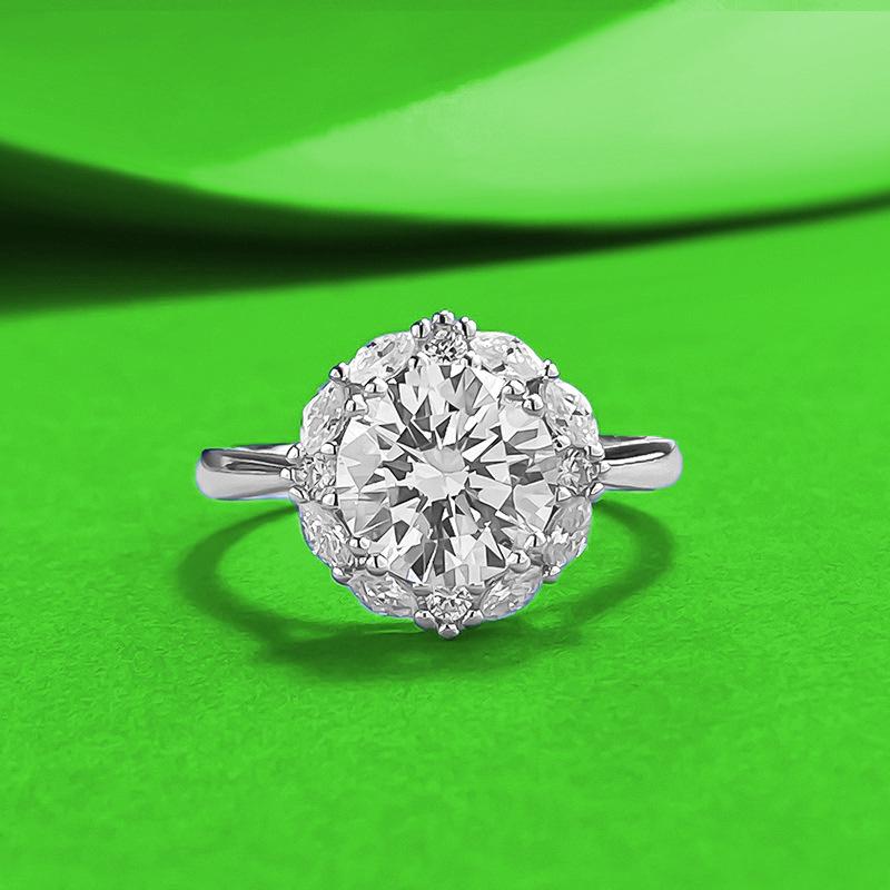 

Elegant S925 Sterling Silver Marquise Pavé Setting White Diamond Ring for Women - 8.0mm Round Classic European-American Style Size 5