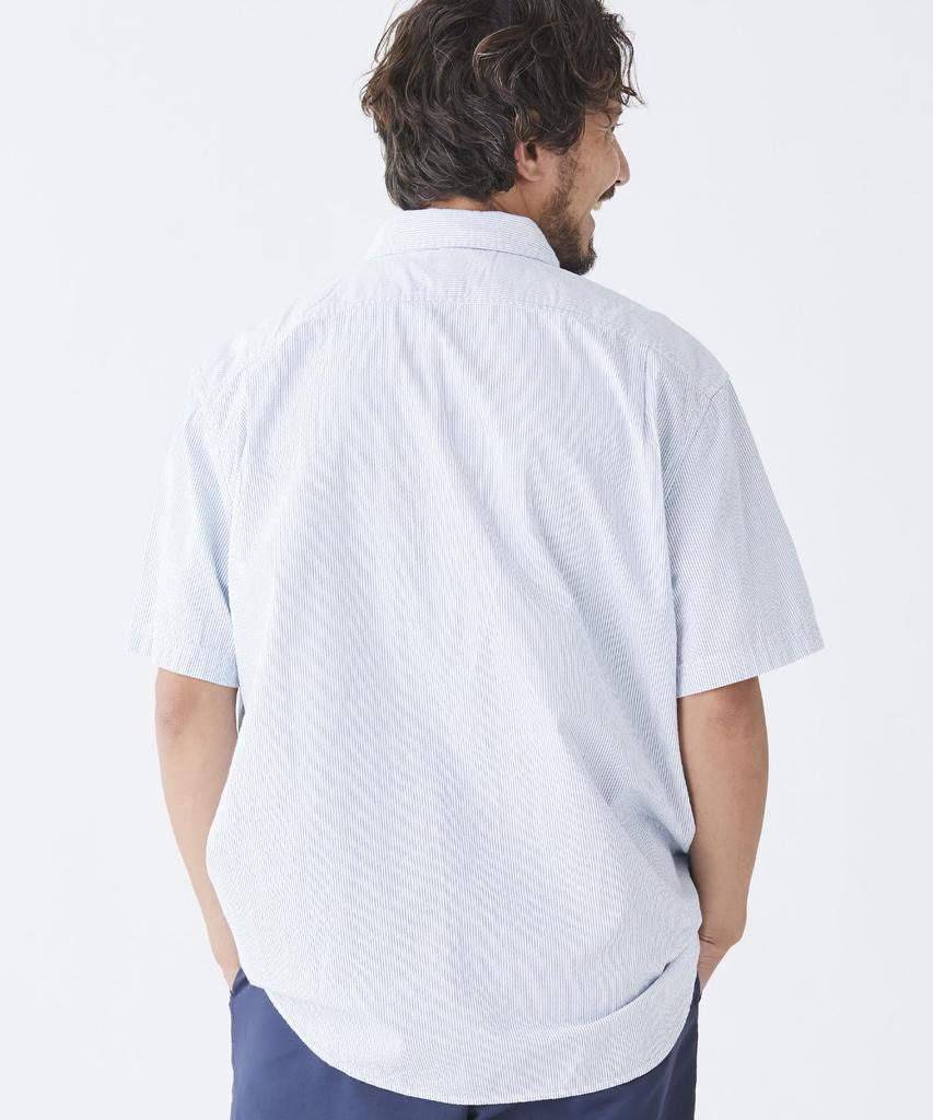 LL Bean Organic Cotton Seersucker Short Japan Size Bright 1000041817 Men's Shirt, Sleeve, Striped, Fit, M, Blue,