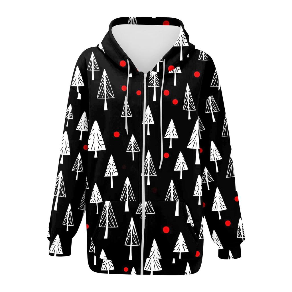 Ladies Fashion Casual Christmas Print Sweatshirt Autumn Winter Long Sleeve Cardigan Jacket With Pocket Zipper Hoodie Jacket