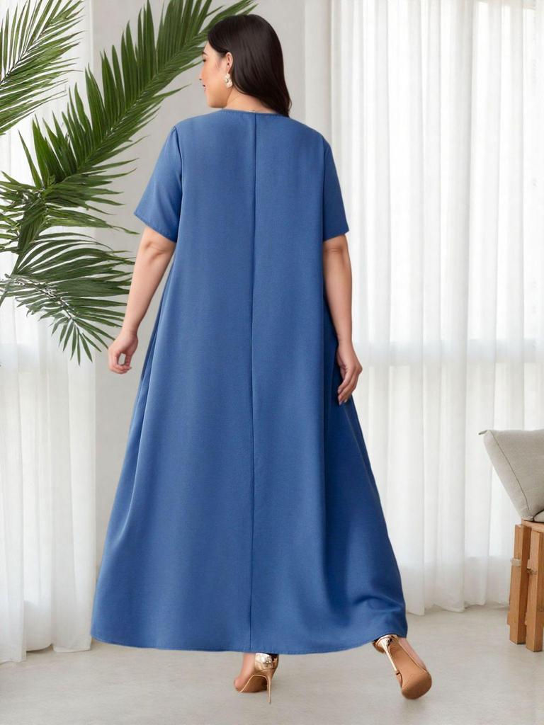 Middle Eastern Dubai-Inspired Plus Size Ribbon Tassel Dress - Short Sleeve, Square Neck, Loose Fit