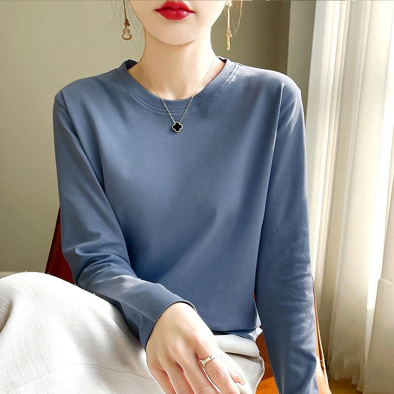 Women's Long-Sleeve Round Neck Loose Base Layer Top, Spring/Autumn Style, Dropped Shoulders, Solid Color