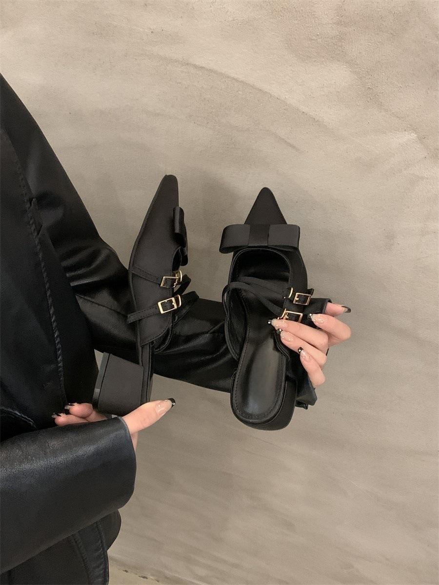 

Французский темперамент сумка голова полутапочки верхняя одежда 2025 лето новая сказочный стиль бант высокий каблук одинарная обувь женская обувь 40 чёрный