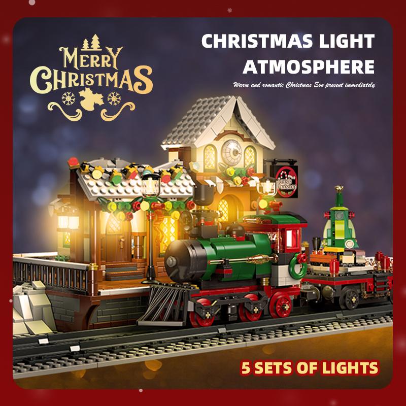 Non-Toxic New Creative Christmas Train Station Architectural Scenery Building Blocks Bricks Model Assembly Diy Toys For Kid Christmas Gift
