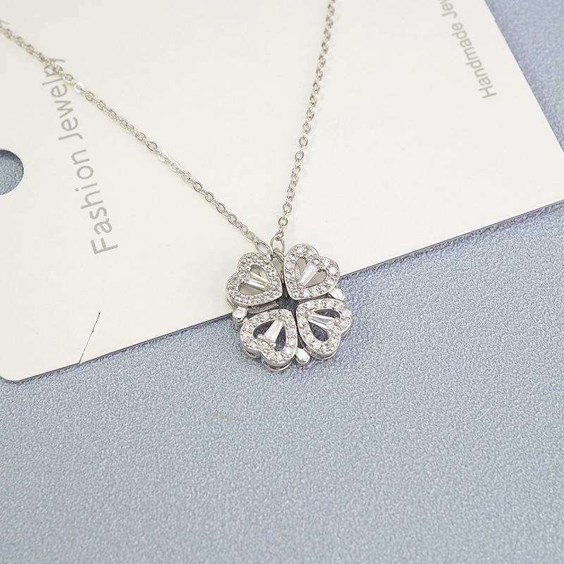 Lucky Four-leaf Clover Necklace Women Magnet Heart Pendant Necklace Clavicle Chain Charm Wedding Jewelry Anniversary Gift
