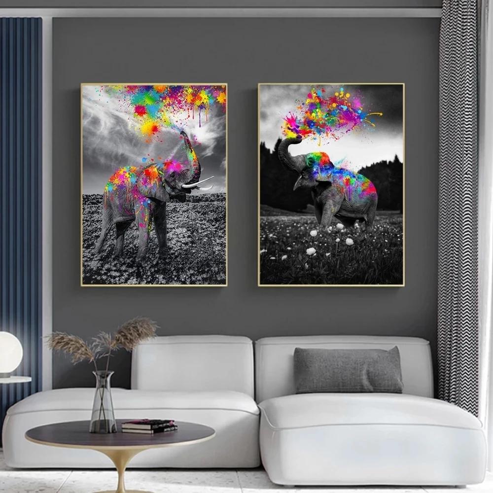 Graffiti-Elefant, der Regenbogen sprüht, Leinwandgemälde, Tierposter und Drucke, moderne Wandkunst für Wohnzimmer, Heimdekoration