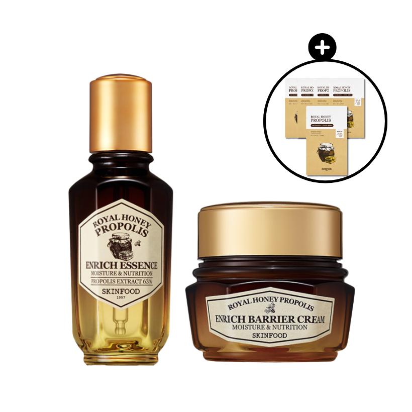 

SKINFOOD Royal Honey Propolis Set (Enrich Essence 50ml + Barrier Cream 63ml) + Free Sheet Mask 5ea Nourishing Care Kit