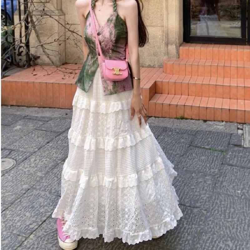White Lace Skirt Women's Spring and Summer New Pendant Floral Cake Skirt Vacation Style A-word Skirt