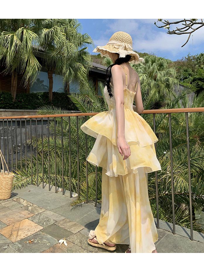 Sunset Fairy Long Slim Fit Spaghetti Strap Dress for Women - Summer Beach Vacation