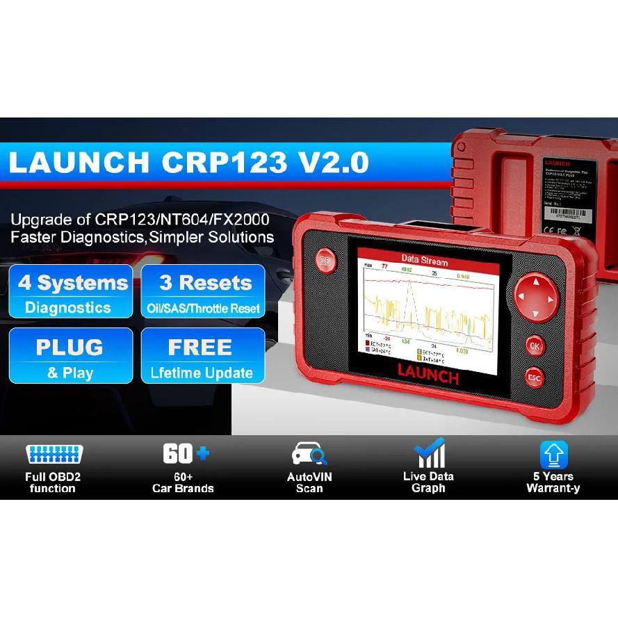 LAUNCH X431 CRP123 V2.0 OBD2 Scanner ABS SRS Airbag Engine AT Automotive Diagnostic Tools Full OBDII DIY Code Reader Free Update