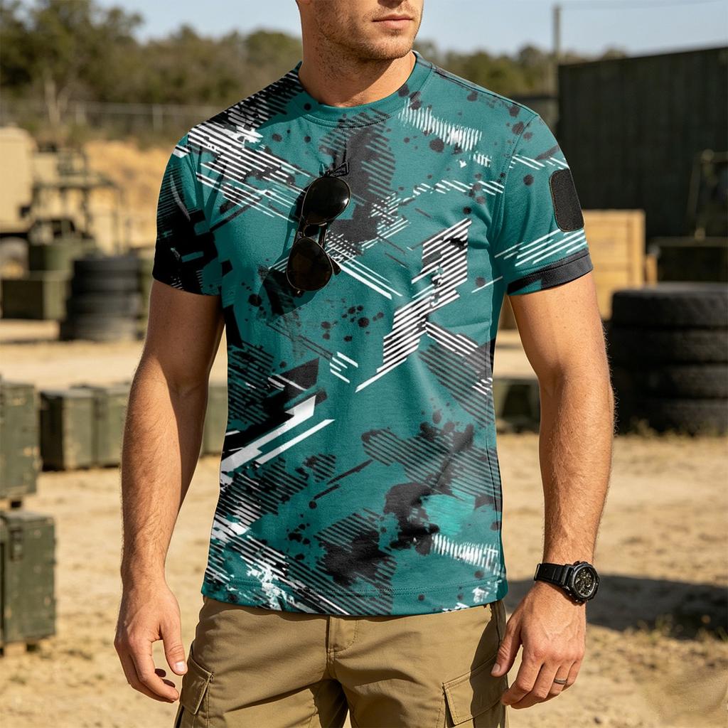 Men's Tactical Outdoor Quick Dry T Shirt Loose Fit Breathable Crew Neck Camouflage Print with Hook and Loop Patch Area for Sleeve