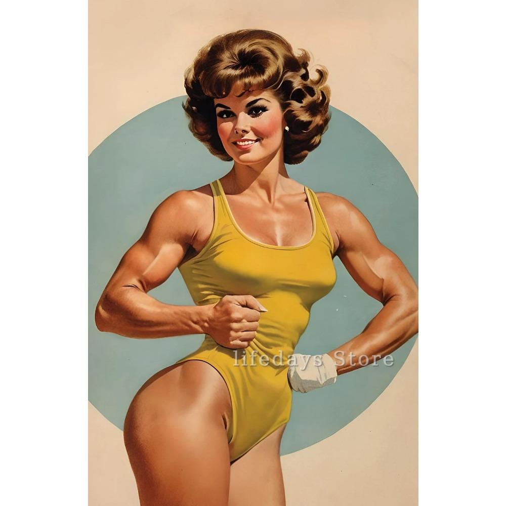 Poster and Print Canvas Painting Body Building Weightlifting Wall Art Picture for Gym Room Decor Retro Girl Exercise Fitness