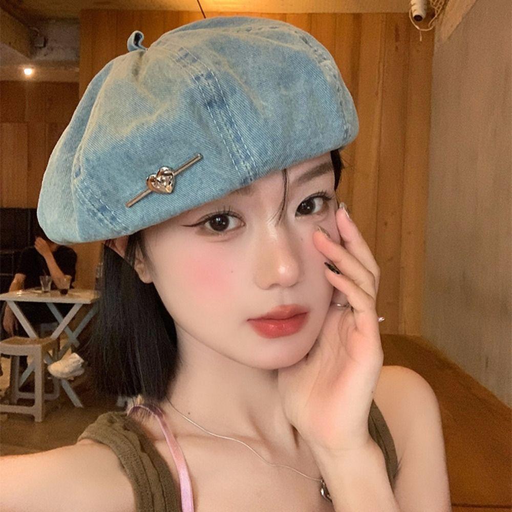 

Solid color Cowboy Beret Cap Y2K Painter Hat Retro Love Heart Beret Travel