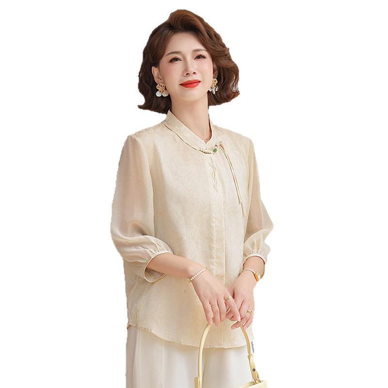 Elegant Chinese Summer Three-Quarter Sleeve Shirt for Women 2026: Age-Defying Top for Middle-Aged & Elderly, Hides Tummy
