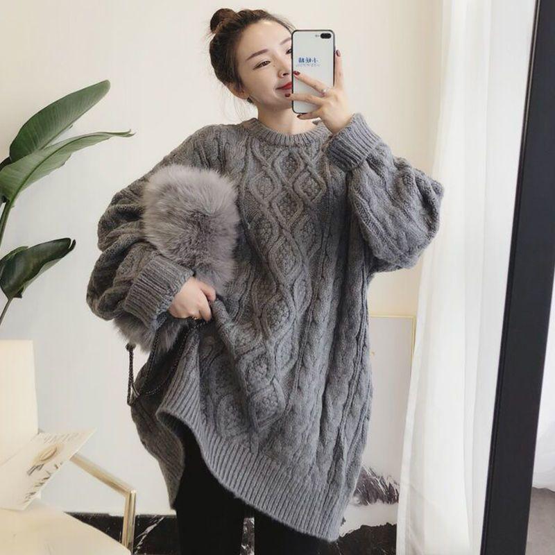 Plus Size Women Knitted Sweater Pink Crew Neck Oversized Jumper Loose Pullovers Autumn Winter Tops