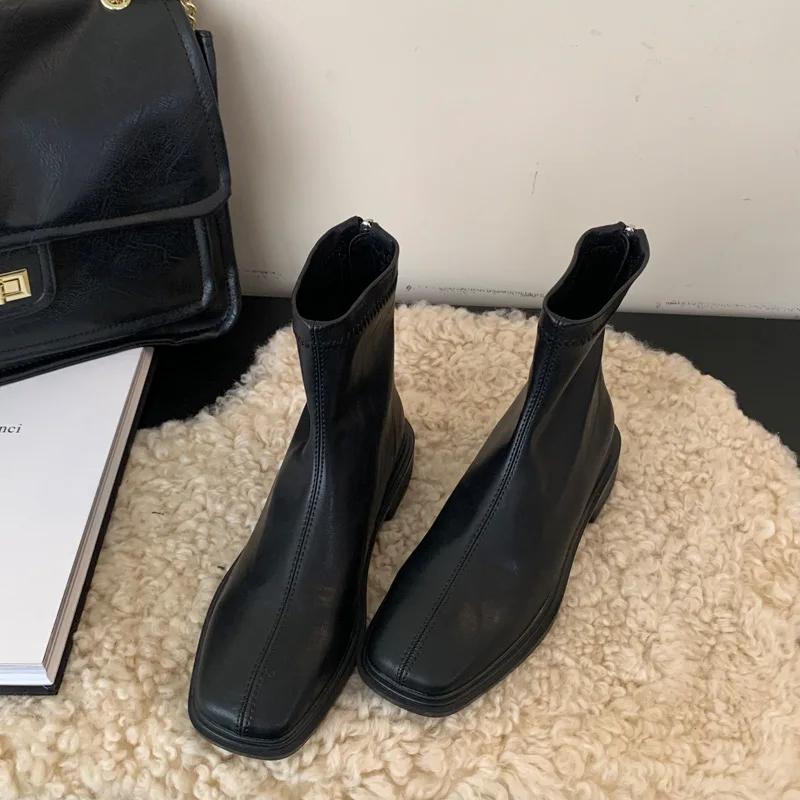 2024 Skinny Short Boots Female Head Knight Middle Heel Star Style Soft Leather  Boots Thick Heel Long Boots Platform Shoes