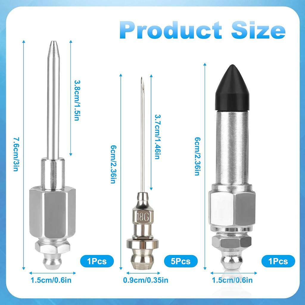 7PCS Grease Gun Needle Accessory Set, 5 PCS Grease Gun Needle Tip, 1 Bearing Grease Injector Needle Adapter, 1 Rubber Nipple Adapter, Detachable