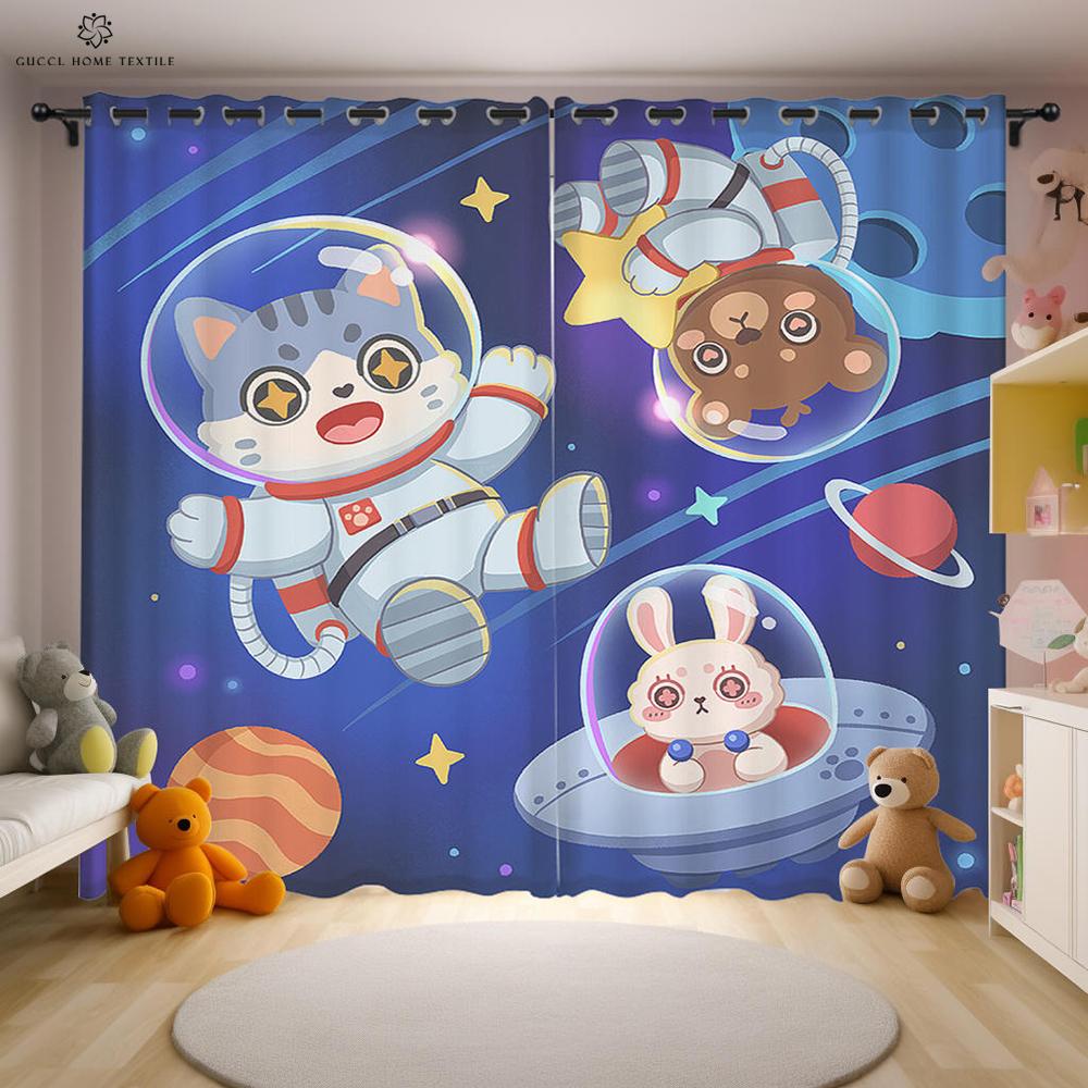 Animated Cartoon Astronaut and Space Drapes for Kids Bedroom Window Decoration Semi Blackout Curtains Home Decoration