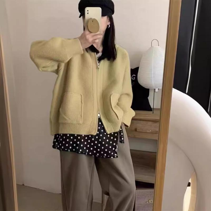 New Simple Pocket Double Zipper Hooded Knitted Cardigan for Women Loose Lazy Style Solid Color Thick Coat for Women