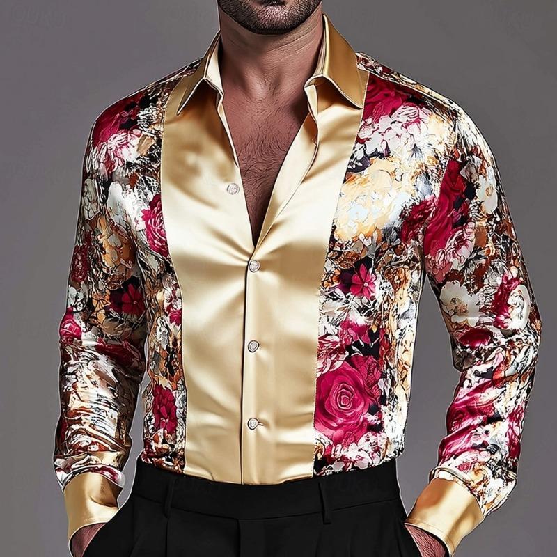 Men's Fashion New Design Printed Rose Men's Printed Rose Satin Shirt Long Sleeve Retro Holiday Wear Collar Button Shirt