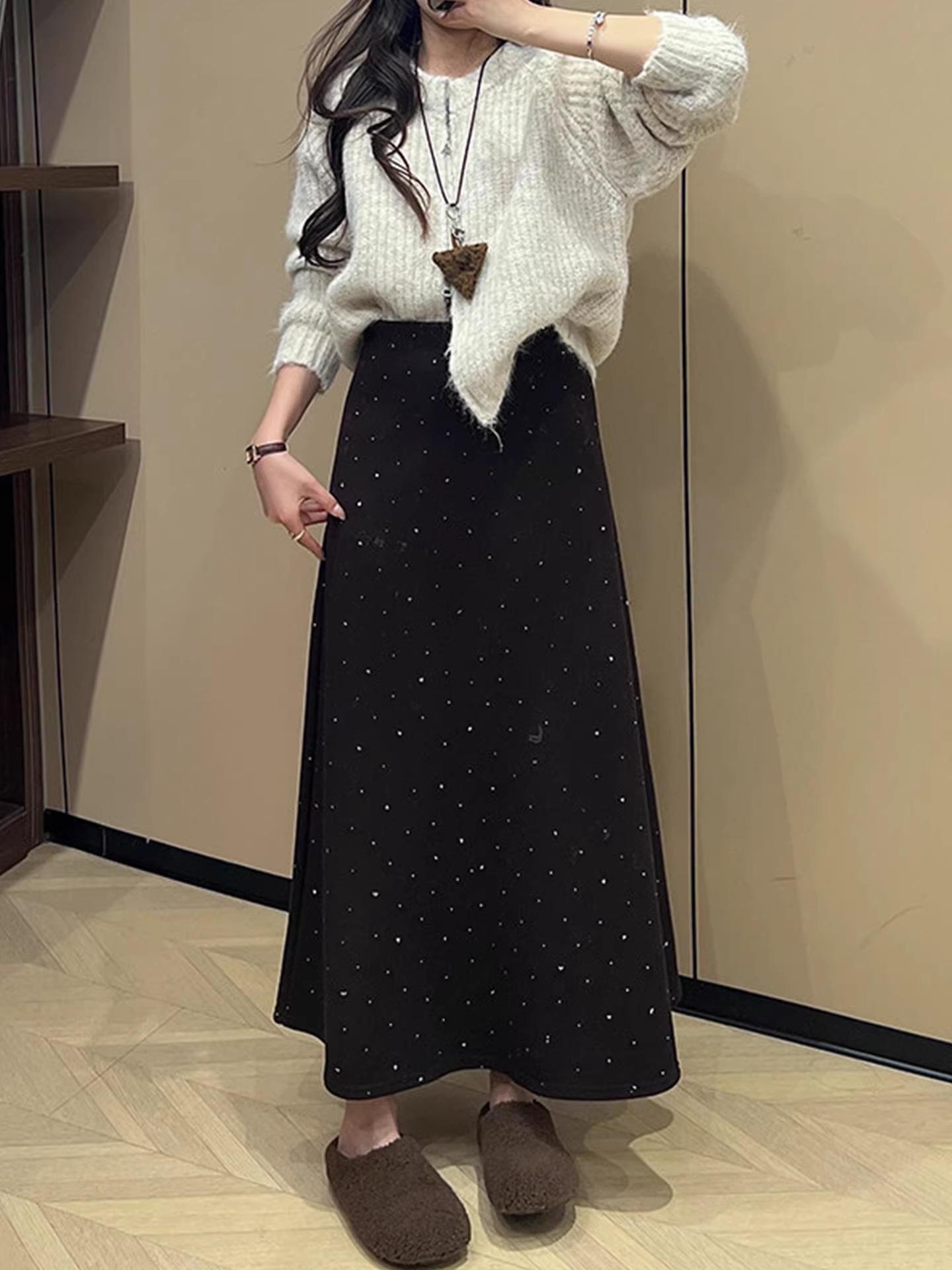 Plus Size Women s Black-Gray Rhinestone Glitter Fleece-Lined Slimming Long Skirt Small