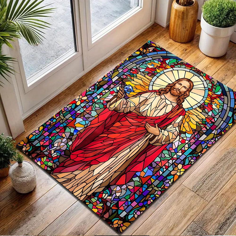 Stained Glass Jesus Art Rug Patterned Carpet, Non Slip Mat Suitable for Living Room and Bedroom Sofas