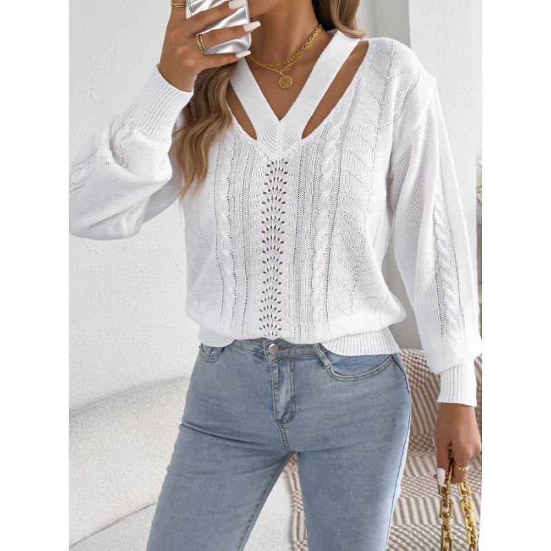 Women S Solid Color V Neck Long Sleeve Hollow Out Sweater