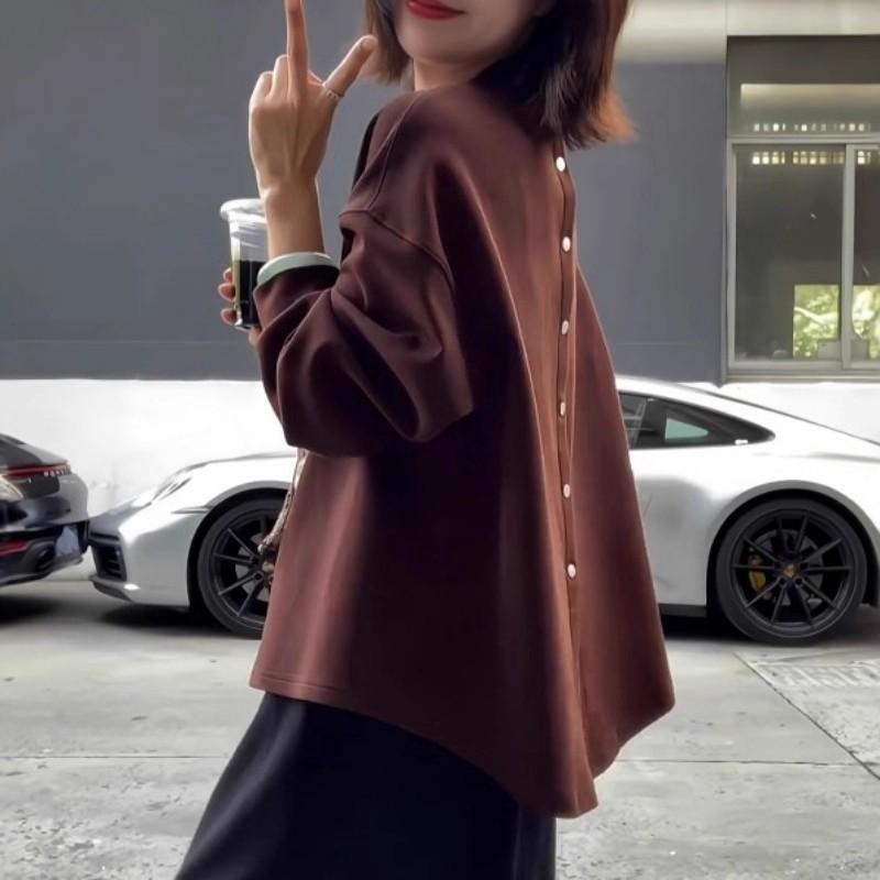 Retro Brown Round Neck Button-Up Long Sleeve Women s Hoodie - Autumn Loose Fit, 220g Mamba Cotton L коричневый