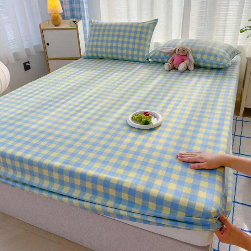 Japanese Style Washed Cotton Checkered Bed Sheet Three Piece Set, Fully Wrapped Bed Sheet, Non Slip Single Piece, Simmons