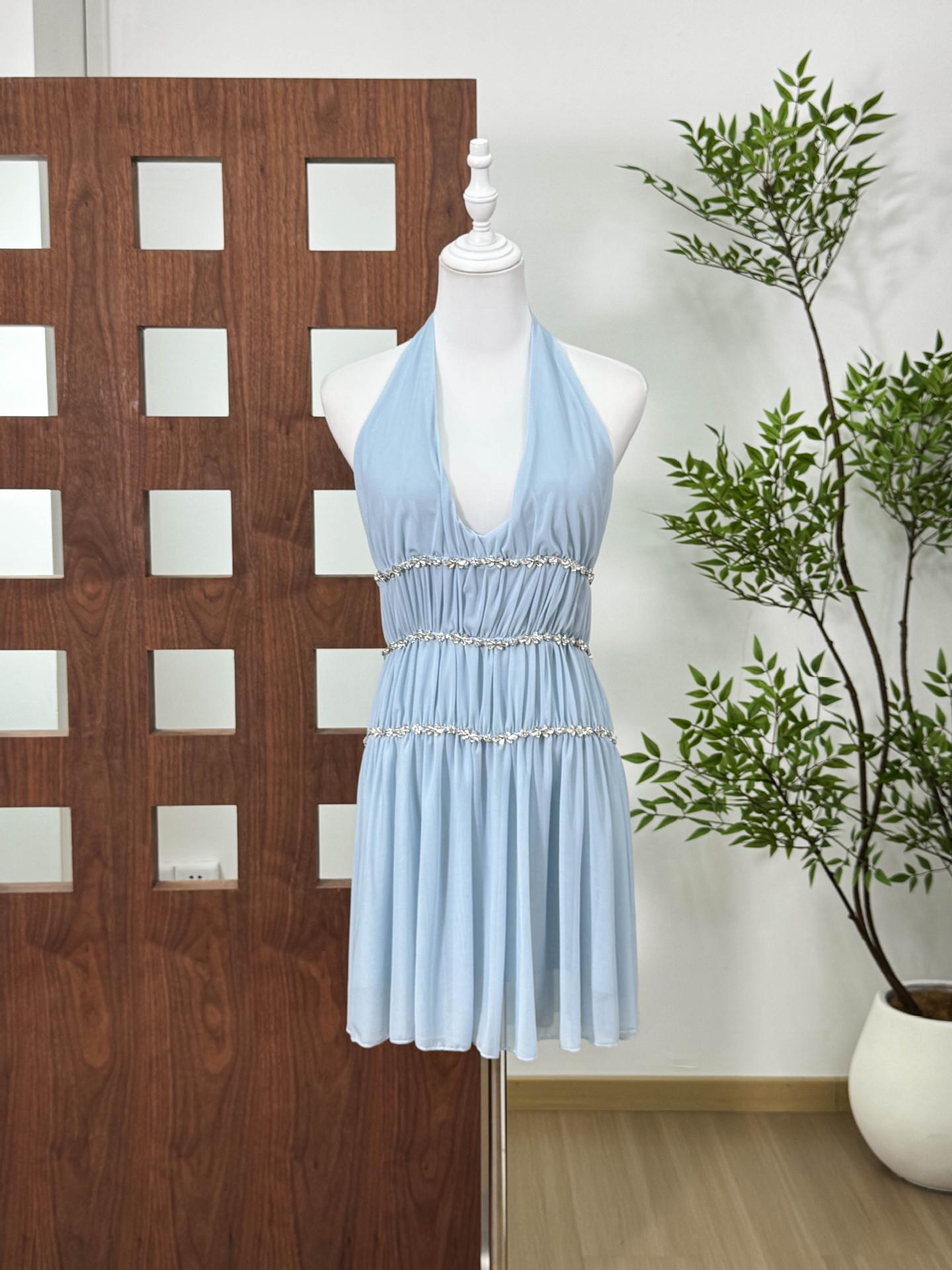

Thailand Niche Deep V Halter Neck Cinched Waist Formal Dress Large небесно-голубой